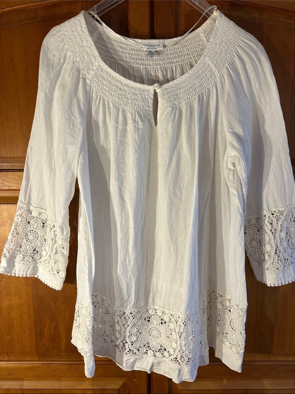 Charter Club Woman, White Linen, Smocked Neckline, Lace At Waist & Sleeves, 2X